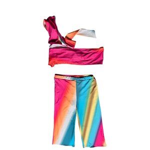 Rainbow 2-Piece Outfit With Halter Crop Top & Wide-Leg Pants
